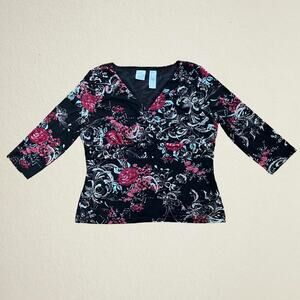 Black floral surplice babydoll mesh top three quarter sleeve, boho chic bohemian